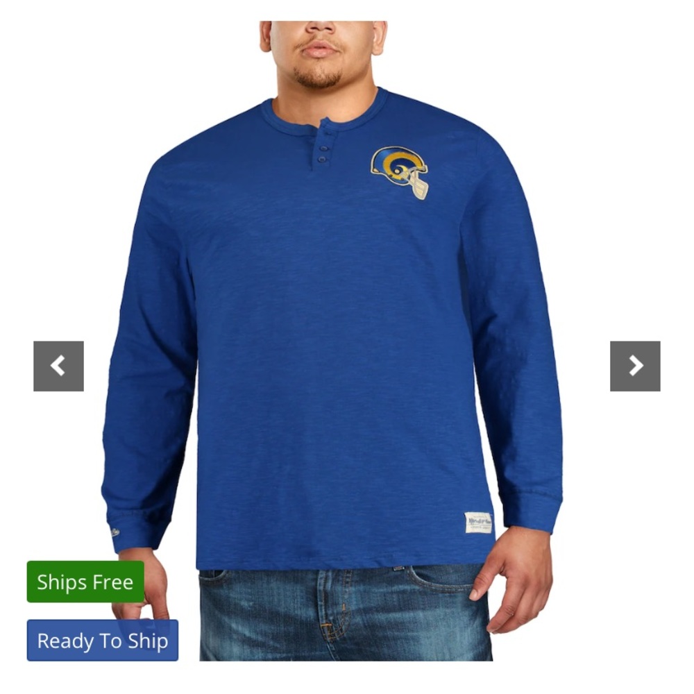 Mitchell & Ness Los Angeles Rams Big & Tall Long Sleeve Henley T-Shirt S…